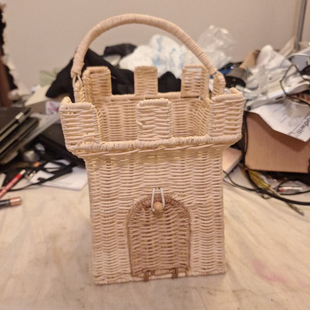 Olli Ella Rattan Castle Bag With Mideval Turrets Top Handle And Drawbridge Door